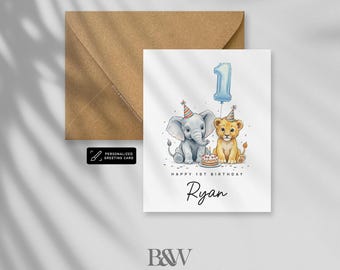 Personalized 1st Birthday Card for Boy (Safari Animals): First Birthday, Milestone, 1 Year Old
