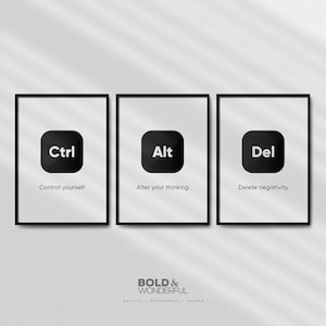 Könnte beinhalten: Drei gerahmte Drucke mit schwarzen Rahmen und weißen Hintergründen. Jeder Druck zeigt eine schwarze Tastaturtaste mit weißem Text: Strg, Alt und Entf. Unter jeder Taste steht ein Satz: Kontrolliere dich, Ändere dein Denken und Lösche Negativität.