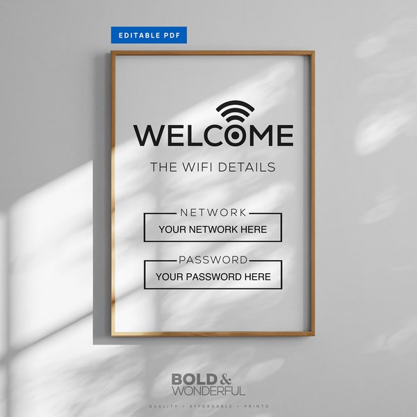 Wifi Welcome Sign - Editable PDF WiFi Sign Template, Digital Print, Wifi Password, Wifi Network, Wifi Details, Airbnb