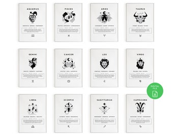 12pc Zodiac Print Set, Zodiac Signs, Printable Gift, Zodiac Art, Digital Print, Zodiac Horoscope print, Astrology, Digital Download