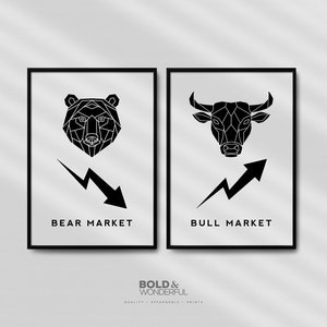 Bull & Bear Market Print // SET OF 2 Prints, Office Print, Printable Wall Art, Waiting Room Art, Stock Market Wall Art, Investor Art Print