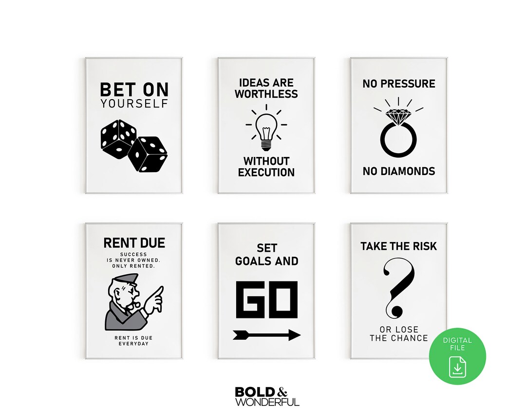 Monopoly Inspired Set of 6 // Motivational Art, Monopoly, Gallery Art, Office Wall Décor, Game