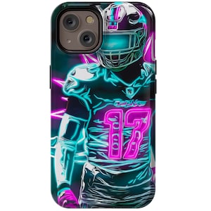 May include: A black phone case with a neon blue and pink graphic of a football player wearing a helmet and jersey with the number 17. The player is in a dynamic pose, with the graphic appearing to be a neon sign.