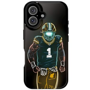 May include: Black phone case featuring a neon-style illustration of a football player in a helmet and jersey with the number 1. The design has a dark background with glowing yellow and green accents, creating a striking visual effect.