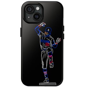May include: Black phone case with a white outline of a baseball player wearing a blue and red uniform with the number 50 on the front. The player is in a batting stance.