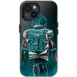 May include: A black phone case with a neon blue and green design of a football player wearing a jersey with the number 26 and the name "Barkley" on the back.