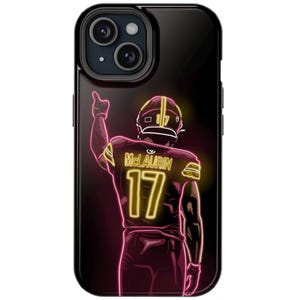 May include: Black phone case featuring a neon illustration of a football player in a burgundy jersey with the number 17 and the name McLaurin. The player is raising his arm in a gesture of victory. The design has a glowing neon effect.
