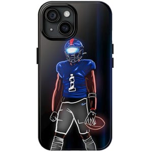 May include: A black phone case with a neon blue and red illustration of a football player wearing a blue jersey and helmet, holding a football.