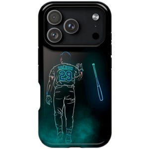 May include: Black phone case featuring a neon illustration of a baseball player with the number 29 on his jersey, and a baseball bat. The design has a teal and blue color scheme, with a smoky background.