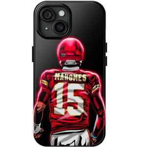 May include: Black phone case with a red, white, and yellow illustration of a football player wearing a jersey with the number 15 and the name "Mahomes" on the back.