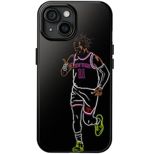 May include: Black phone case with a white outline of a basketball player wearing a New York Knicks jersey with the number 11 on the front. The player is running and giving a thumbs up.