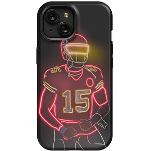May include: A black phone case with a neon red outline of a football player wearing a red and gold jersey with the number 15. The player is wearing a helmet with a yellow neon outline.