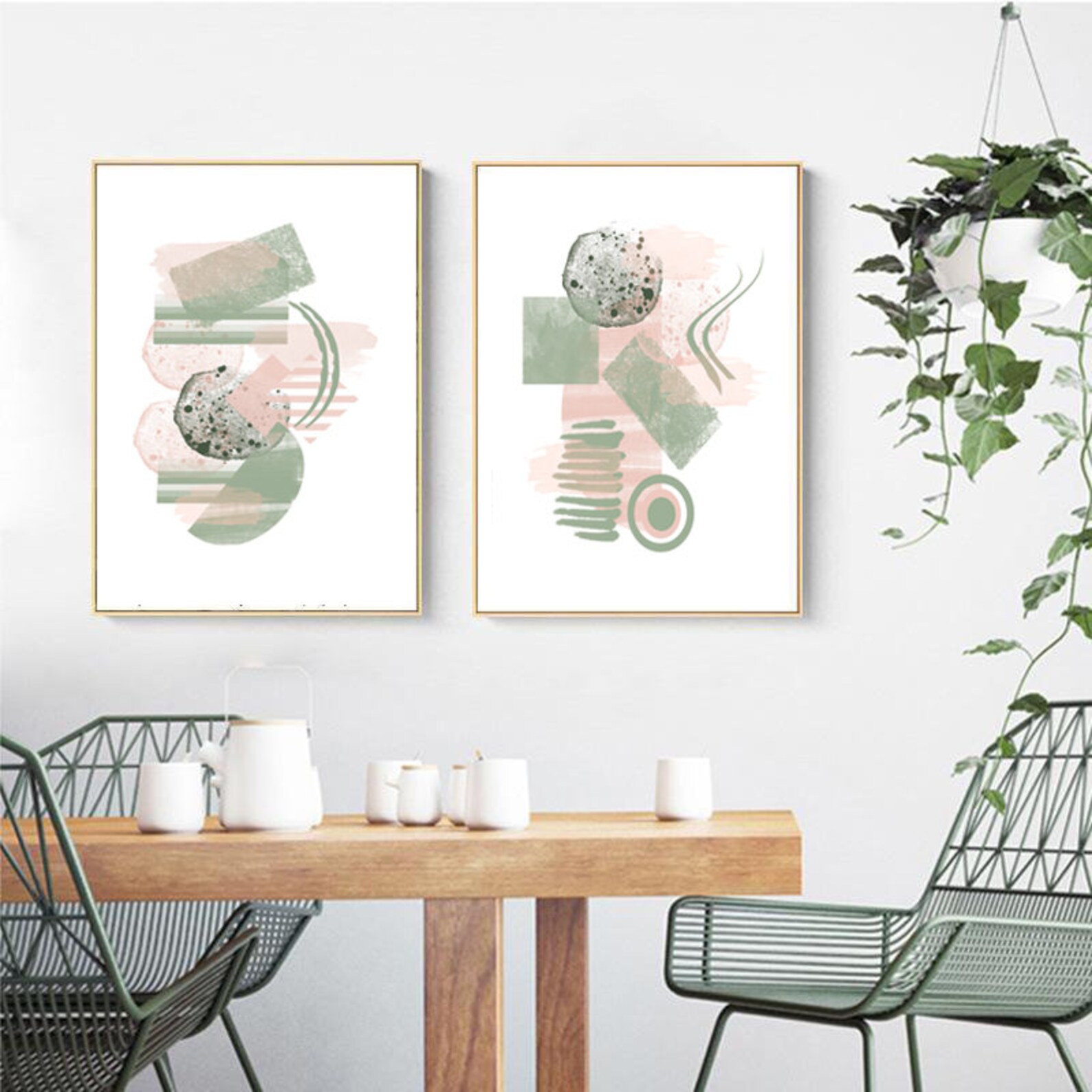 Pink and Green Art Set of 2 Abstract Art Minimalist Etsy