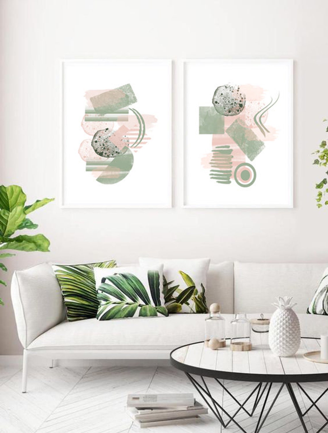 Pink and Green Art Set of 2 Abstract Art Minimalist Etsy