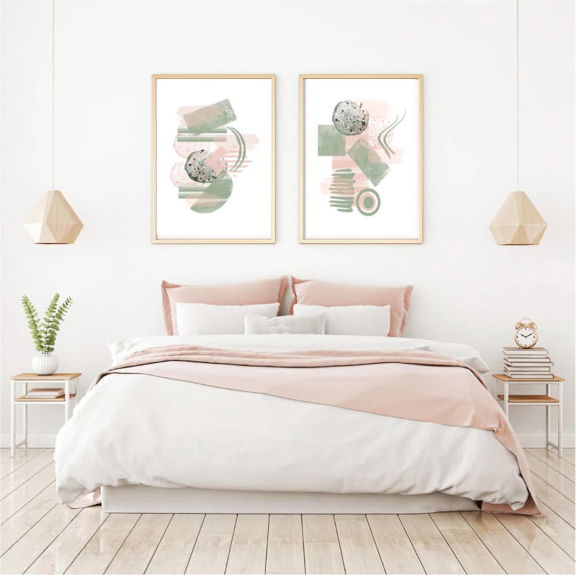 Pink and Green Art Set of 2 Abstract Art Minimalist Etsy