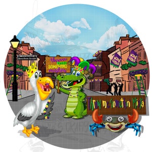 May include: A cartoon alligator wearing a jester hat holds a sign that says "Throw me something mister". A cartoon pelican wearing a crown holds a small red crab in its beak. A cartoon crab holds a sign that says "Throw me somethin' Mista". The scene is set in New Orleans during Mardi Gras.