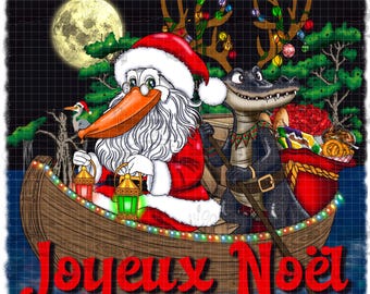 May include: A whimsical illustration depicts a pelican dressed as Santa Claus and an alligator in a canoe. The pelican holds lanterns, and the alligator rows. The canoe is filled with gifts. The words "Joyeux Noël" are written in red.