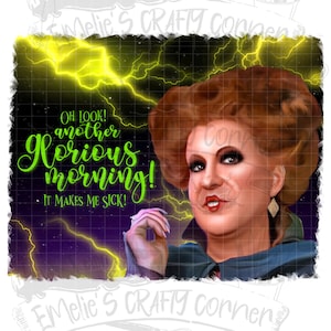 May include: A digital illustration of a woman with red hair and a green dress, with a lightning bolt background. The text says "Oh look! another glorious morning! It makes me sick!"