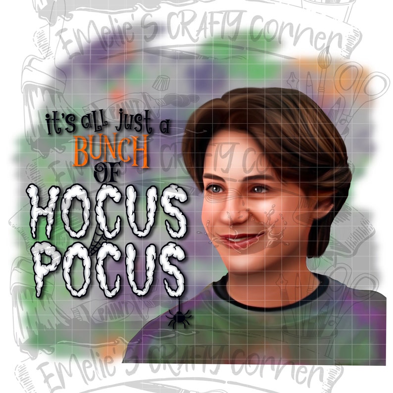 K&ouml;nnte beinhalten: Eine digitale Illustration eines jungen Menschen mit braunen Haaren und einem gr&uuml;nen Shirt. Der Text "it's all just a bunch of HOCUS POCUS" ist in Wei&szlig; mit einem Spinnennetz-Design geschrieben.