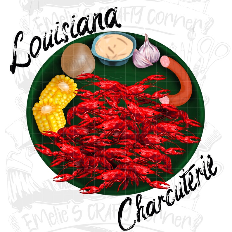 May include: A green plate with a selection of Louisiana Cajun food, including crawfish, corn on the cob, sausage, garlic, and a white sauce. The plate is set against a white background with the words "Louisiana" and "Charcuterie" written in black.