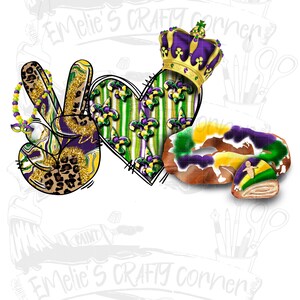 May include: A peace sign, a heart, a king's crown, and two Mardi Gras king cakes. The peace sign is purple, gold, and green with a leopard print. The heart is green, purple, and gold with fleur-de-lis. The crown is purple and gold. The king cakes are brown, green, purple, and gold.