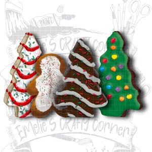 Puede incluir: Tres galletas de árbol de Navidad decoradas. Una es roja y blanca con chispas, otra es marrón y blanca con chispas y la última es verde con caramelos de colores.