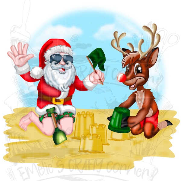 Santa and Rudolph at the beach for Christmas in July, Christmas in July Png, Rudolph Png, summer santa, Sublimation, Digital Download, png