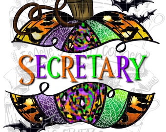 May include: A colorful, patchwork pumpkin with a spiderweb design and bats flying around it. The word "SECRETARY" is written in green and purple letters across the middle of the pumpkin.