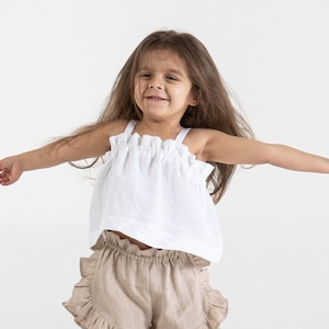 Girls white linen top | Ruffle summer tank for kids | Organic linen clothing