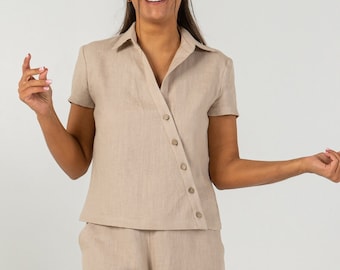 Beige linen blouse for women | Asymmetric button linen top | Handmade organic short sleeve shirt