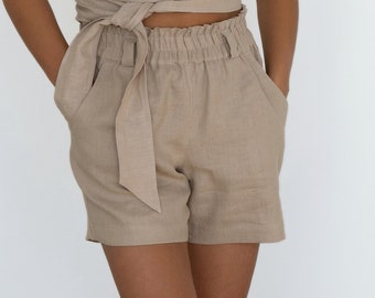 High waisted linen shorts | Elastic waist summer | Handmade clothing for women