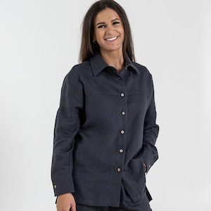 Navy linen button up shirt | Long sleeve minimalist blouse | Relaxed fit organic linen top for women