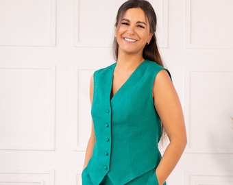 Emerald green linen vest | Sleeveless tailored linen vest for women | Casual summer vest