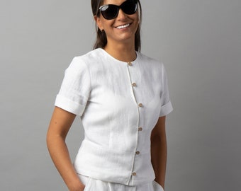 White linen blouse with buttons | Linen shirts for women | Plus size linen shirt | Handmade linen top