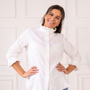 White linen blouse with ruffle high collar Classic button up shirt with elastic cuff sleeve Elegant vintage inspired linen top for women image 1