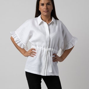 White linen blouse | Ruffle sleeve button down top | Drawstring waist summer linen shirt | Handmade organic clothing