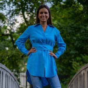 Loose linen blouse Linen wrap top for women Handmade clothing image 1