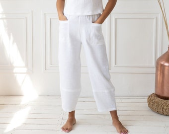Womens white linen cropped pants | Summer breathable high waist linen trousers | Casual elastic waist linen pants