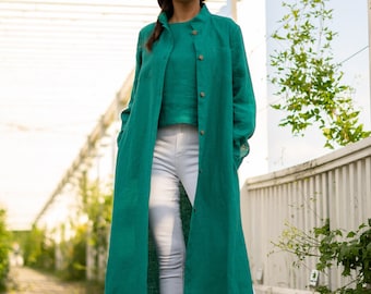 Emerald green linen coat dress with sleeveless shirt | Linen maxi dress | Long sleeve linen dress | Linen tops for women