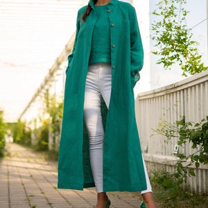 Ready to ship | Green linen coat for women | Long button down jacket