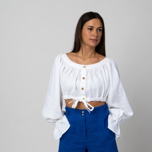 White linen crop top | Puff sleeve drawstring blouse | Handmade boho summer shirt