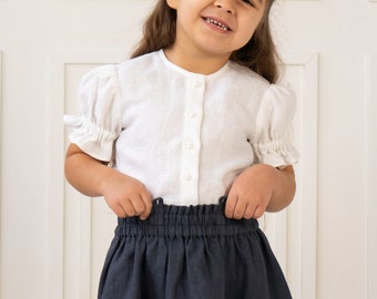 Girls classic white linen blouse with puff sleeves | Vintage inspired toddler linen top | Charming linen shirt for kids