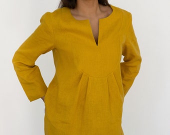 Linen simple top for women | Split neckline linen blouse | Plus size linen top