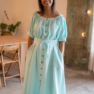 Off shoulder blue linen dress | Button front maxi dress | Belted summer linen dress