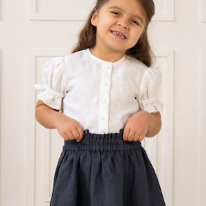 Girls white linen blouse | Puff sleeve toddler shirt | Button front handmade top | Organic summer clothing