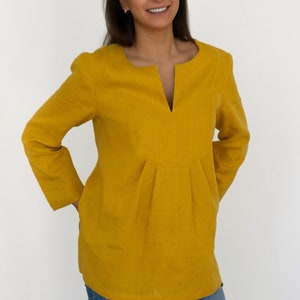 Mustard linen tunic for women | Long sleeve pleated blouse | Handmade natural fabric top