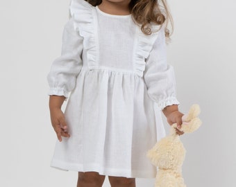 White flower girl dress with flutter sleeves and back bow | Baby toddler girl linen dress for baptism, wedding, birthday