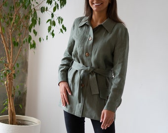 Linen safari jacket with belt | Linen womens jacket | Long sleeve safari jacket