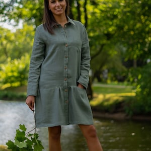Green linen shirt dress for women | Long sleeve button down dress | Handmade organic linen clothing