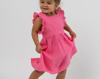 Pink toddler linen sarafan dress | Girls ruffled sleeve pinafore dress with back buttons